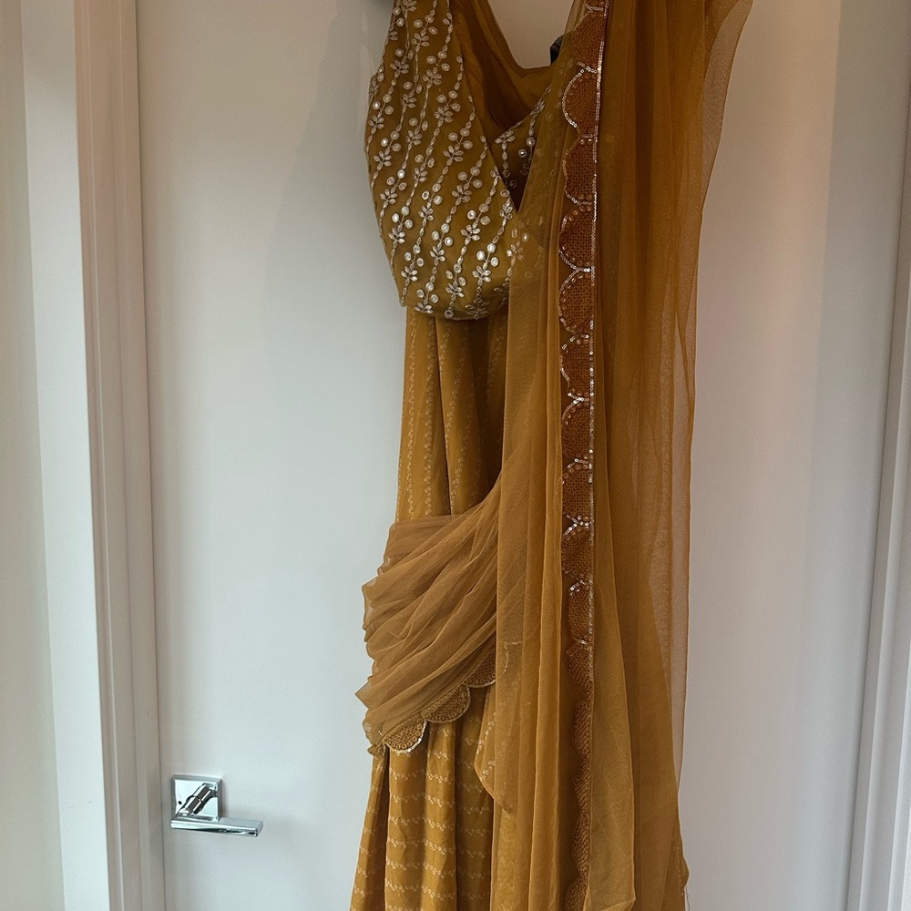 Yellow Bandhani Printed Skirt Yellow Mirror Angrakha Crop Tee